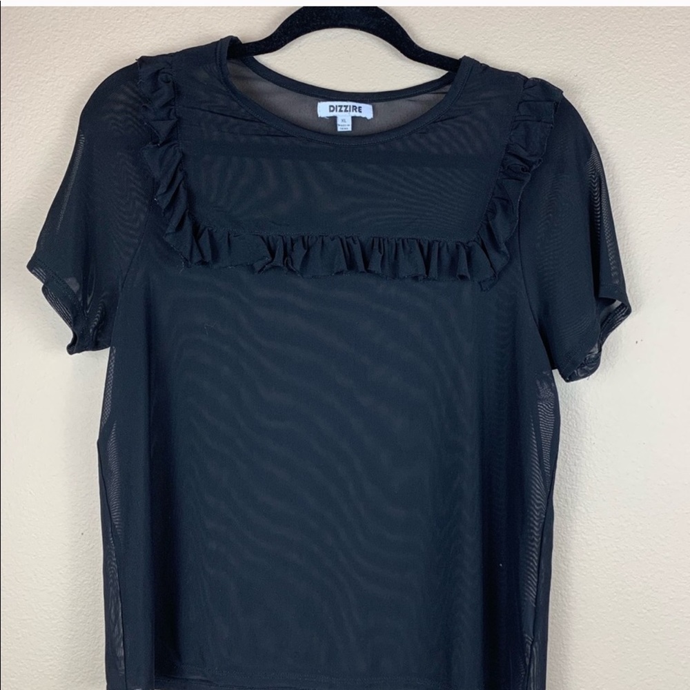 Dizzire Black Sheer Ruffle Detail Top